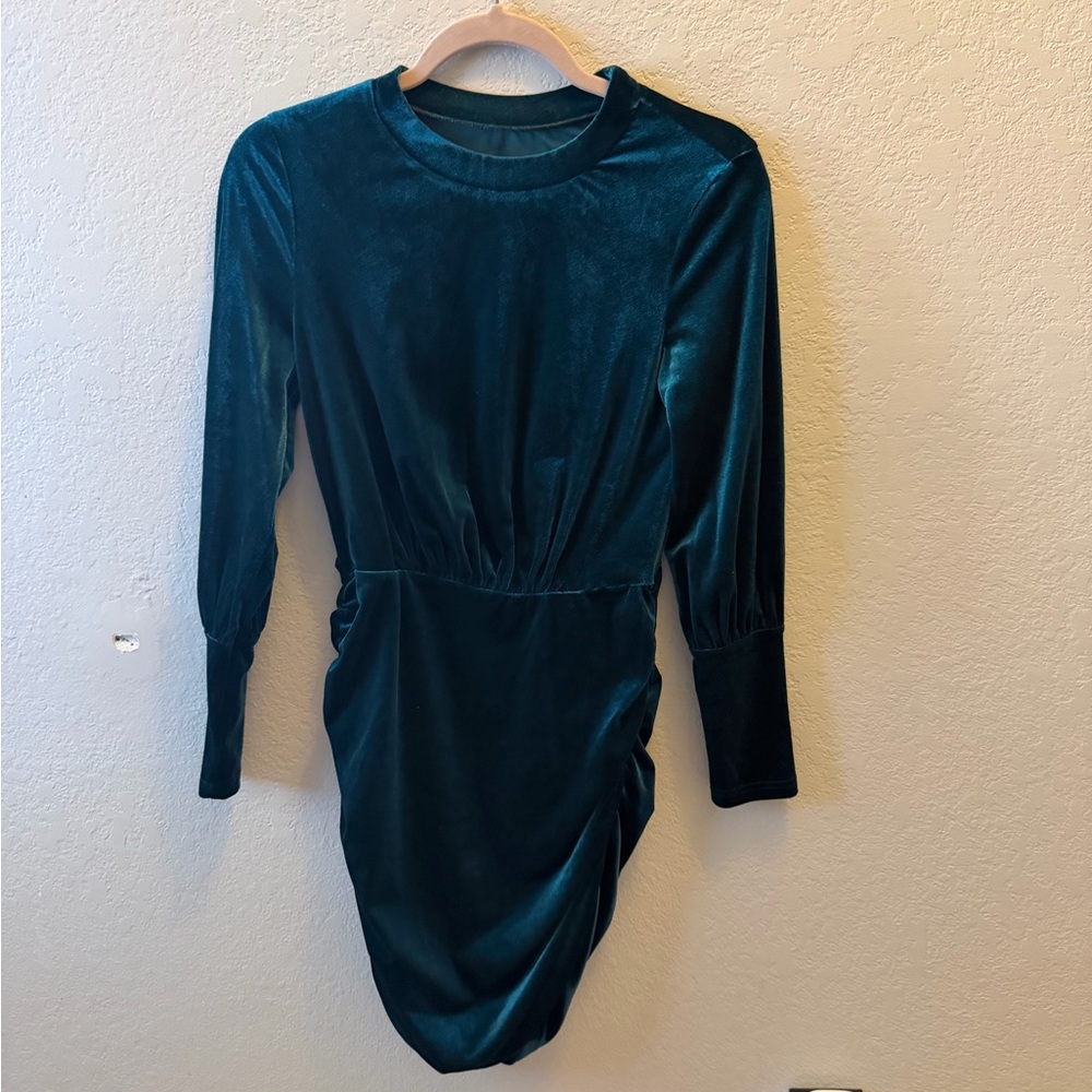Teal Velvet Mini Dress Long Sleeve Ruched Bodycon Holiday Party Dress Size Small
